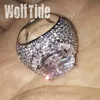 Anello in oro bianco 18 carati Big Round Cubic Zirconia Hip Hop Bling Prong CZ Stone Iced Out Rings Band Lovers New Custom Wedding Finger Jewelry Regali per uomo Donna Bijoux