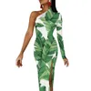 Casual Dresses Banana Leaf Bodycon Dress Women Tropical Print Elegant Maxi One Shoulder Estetic Pattern Födelsedagspresent