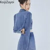 Vestido de Duas Peças Koijizayoi Elegante Feminino Conjunto Denim 2 Peças Casual Manga Longa Jeans Curto Blazer Casaco E Cintura Alta Envoltório Saia Longa Ternos 230801