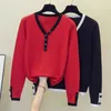 Camisolas Femininas Vermelho Preto Doce Decote em V Coreano Harajuku Primavera Outono Inverno Malha Pulôver Vintage Moda 2023 Feminino