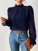 Autumn And Winter Elegant And Casual Half High Neck Patchwork Wavy Chiffon Long Sleeve Top For Women