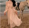 Casual Dresses 2023 Summer Beach Style Chiffon Mini Dress Office Lady Long Sleeve Elegant One Piece Korean Fashion Clothing