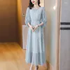 Casual Dresses 2023 Blue Floral Silk Luxury Maxi Dress Women Pink Long Sleeve Chic Diamonds Spring Summer Korean Vintage Party Vestidos