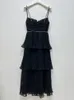 基本的なカジュアルドレス最高品質の女性ドレス初秋の光豪華な黒いブルートシフォンプリーツケーキサスペンダーMIDI 230731