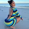 Roupa de banho feminina 2023 moda verão sexy crochê vestido de praia feminino azul transparente maiô encobrir mini vestidos de alta qualidade