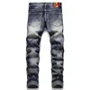 Slim-Fit Stretch Hommes Jeans Rétro Bleu Lettre Imprimer Pantalon Maigre Printemps Automne À La Mode Urbain Mi-Taille Streetwear