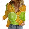 Blusas Femininas 2023 Primavera e Outono Camisa de Manga Longa Frutas Impressão 3D Personalizada Casual Polo Gola Cardigan Top