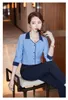 Camicette da donna Camicia con scollo a V con risvolto blu coreano Camicia casual a maniche lunghe Elegante patchwork bianco Top classico formale da ufficio Autunno