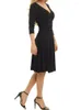 Casual Dresses Spring European och American Women's High-kvalitet Solid Color Mid-Sleeve Sexig V-Neck Big Swing Dress