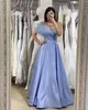Elegante babyblauwe avondjurken uit schouder een lijn feest prom plooien lange jurk voor speciale ocn