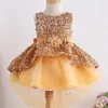 Girl Dresses Girls Long Tail Princess Dress Bow Piano Performance Vest Round Neck Trailing Sequin