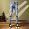 Heren Jeans High Street Fashion Heren Retro Blauw Elastisch Geschilderd Designer Skinny Ripped Patchwork Hip Hop Stretch Broek Hombre