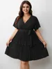 Plus Size Jurken Dames Lady Party 2023 Zomer Zwart Effen V-hals Geplooide Kleding 4xl Elegant Chic Korte Mouwen Outfits