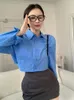 Blusas femininas com lapela azul manga longa all-match blusa feminina cintura oca sólida camisas curtas 2023 outono coreano chic temperamento tops