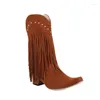 Boots Women Tassel Cowgirl Shoes 2023 Fringe Middle Heels Western Fashion Slip-on Wedge Pointed Toe Female