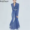 Vestido de Duas Peças Koijizayoi Elegante Feminino Conjunto Denim 2 Peças Casual Manga Longa Jeans Curto Blazer Casaco E Cintura Alta Envoltório Saia Longa Ternos 230801