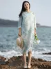 Casual Dresses 2023 Summer Chinese Style Women Cotton and Linen Print Dress Retro O-Neck-knapp Långärmad Slim-typ