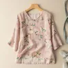 Chemisiers pour femmes Literary Retro Seven-point Sleeve Ramie Blouse Femme Été Mode Élégant Chinois Vent Mince Paragraphe Casual Floral Shirt