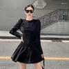 Abiti casual QWEEK Slim Black Wrap Dress Donna Vintage Office Ladies Increspato Manica lunga Corta 2023 Abiti moda autunno