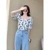 Chemisiers pour femmes Élégant Jeunesse Français Romantique Imprimé Tops Sexy Crop Shirt Belle Tendance Vintage À Manches Courtes En Mousseline De Soie Mode Femme Blouse