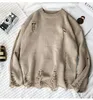 QNPQYX Neue Männer Herbst Winter Vintage Zerrissene Löcher Zerstört Gestrickte Pullover Japan Stil Streetwear Frauen Paar Lässige Strickwaren Jumper