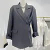 Kvinnors kostymer mode hackat krage spänne grå blazers damer förlorar koreansk elegant kappa hösten 2023 banor temperament kostym jackor