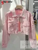 Jackets Spring and Autumn Ripped Frayed Pink Denim Jacket Women's Loose High Waist Short Jeans Coat for Outer Wear Streetwear 230801