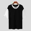 Mannen T-shirts INCERUN Tops 2023 Koreaanse Stijl Heren Zwart Wit Contrast Stiksels T-shirts Toevallige Mannelijke Dubbele Hals Korte mouwen Camiseta