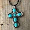 Pendant Necklaces Vintage Ethnic Style Faux Turquoise Cross For Women Antique Silver Color Black Rope Chain Party Jewelry