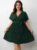 Plus Size Jurken Dames Lady Party 2023 Zomer Zwart Effen V-hals Geplooide Kleding 4xl Elegant Chic Korte Mouwen Outfits