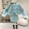 Two Piece Dress Lnsozkdg Korea Autumn Winter Sweet Tweed Skirt Suit Women Fur Cuff Woolen Jackets Mini Blue Elegant Set Womens 2 Pieces