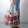 Borse da sera Colorate Boho Chic Granny Square Borse intrecciate all'uncinetto per le donne Borsa da mercato blu beige Borsa da spiaggia estiva hippie stile vintage