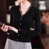 Femmes tricots mode noir dentelle bord panneau tricoté Cardigan pull 2023 femmes printemps automne mince veste hauts élégant femme tricots