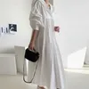 Vestidos casuales 2023 minimalismo manga farol mujer cuello vuelto sólido vestido de pasarela mujeres primavera otoño coreano Chic con capucha señora