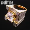 24mm Big Heavy Cubic Zirconia Square Hip Hop Ring for Men Top Quality Personalized Full CZ Stone Punk Rock Rapper Jewelry for Men Size 7 to 11 Comfort Fit 18K Gold Plated