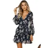 Basic Casual Dresses Women Long Sleeve Tiered Fashion V-Neck Flower Printing Dress Spring And Autumn Clothes French Elegance Y Midi Dha7F