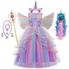 Mädchenkleider Mädchen Einhorn Kleid Regenbogen Prinzessin Fancy Geburtstag Party Kleid Kinder Kinder Halloween Einhorn Perform Kostüm für 3-12 Jahre 230731