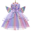 Flickans klänningar Baby Girls Unicorn Tutu Dress Pastell Rainbow Princess Girls Birthday Party Dress Children Halloween Unicorn Perform Costume 230731