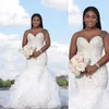 Plus Size Crystals Beaded Nigerian African Mermaid Wedding Dresses Gown Sweetheart Strapless Lace Applique Beading Bling Bride Dre3361