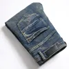 Retro Blue w trudnej sytuacji streetwearu dla mężczyzn Slim-Fit Stretch prosto rozryte dżinsy haftowane patchwork uszkodzone chude spodnie