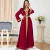 Vêtements ethniques A Lin Robe Femme Musulmane Brodée Col V Manches Longues Eid Mubarak Kaftan Dubaï Abaya Turquie Maroc Arabe Islamique