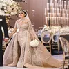 Robes de mariée sirène champagne arabe de luxe avec train détachable col haut 3D dentelle manches longues robes de mariée Bling robe de ma305I