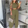 Women'S Two Piece Pants Womens Homewear Summer Women Y Wear Suit Sets Solid Plus Size Round Neck Plain Short Sleeve Crop Top Wide Leg Dhvow