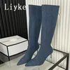 Stiefel Liyke Fashion Runway Denim Kniehohe Weibliche Gemütliche Holz Niedrige Dünne Fersen Sexy Spitze Zehen Reißverschluss Damenschuhe Lange Booties 230731