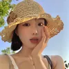 Breda randen hattar koreanska havet blommor strå hatt kvinnor sommar andas solskade hink trä öronkant vikbar stor taksar sol mössa