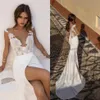 Lian Rokman 2019 Abiti da sposa con applicazioni Illusion scollo a V Sexy sirena Abiti da sposa da sposa Fessura della coscia Beach Satin Wedding D225t