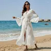 Kvinnors dike rockar vita elegant chiffong ruffle kimono bikini cover ups hawaii semester solid ren fairy boho kvinnor strandkläder sommar flare