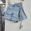 2023 Mode Dames Shorts Rokken Elastische Jeans Onregelmatige Multi Pocket Cargo Broek Rits Tas Shorts Lente Zomer Nieuwe Denim Rok Broek