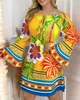 Casual Dresses Summer For Women 2023 Daily Ruffles Tassel Solid Floral Tribal Print Off Shoulder Long Sleeve Bell Mini Dress