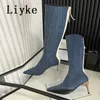 Stiefel Liyke Fashion Runway Denim Kniehohe Weibliche Gemütliche Holz Niedrige Dünne Fersen Sexy Spitze Zehen Reißverschluss Damenschuhe Lange Booties 230731